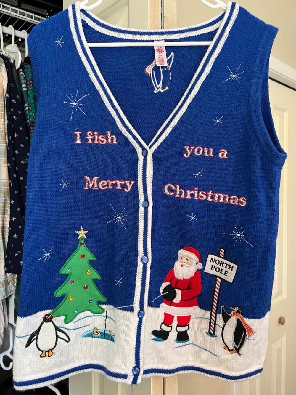 Ugly Christmas Sweater Vest- We Fish you a Merry Christmas